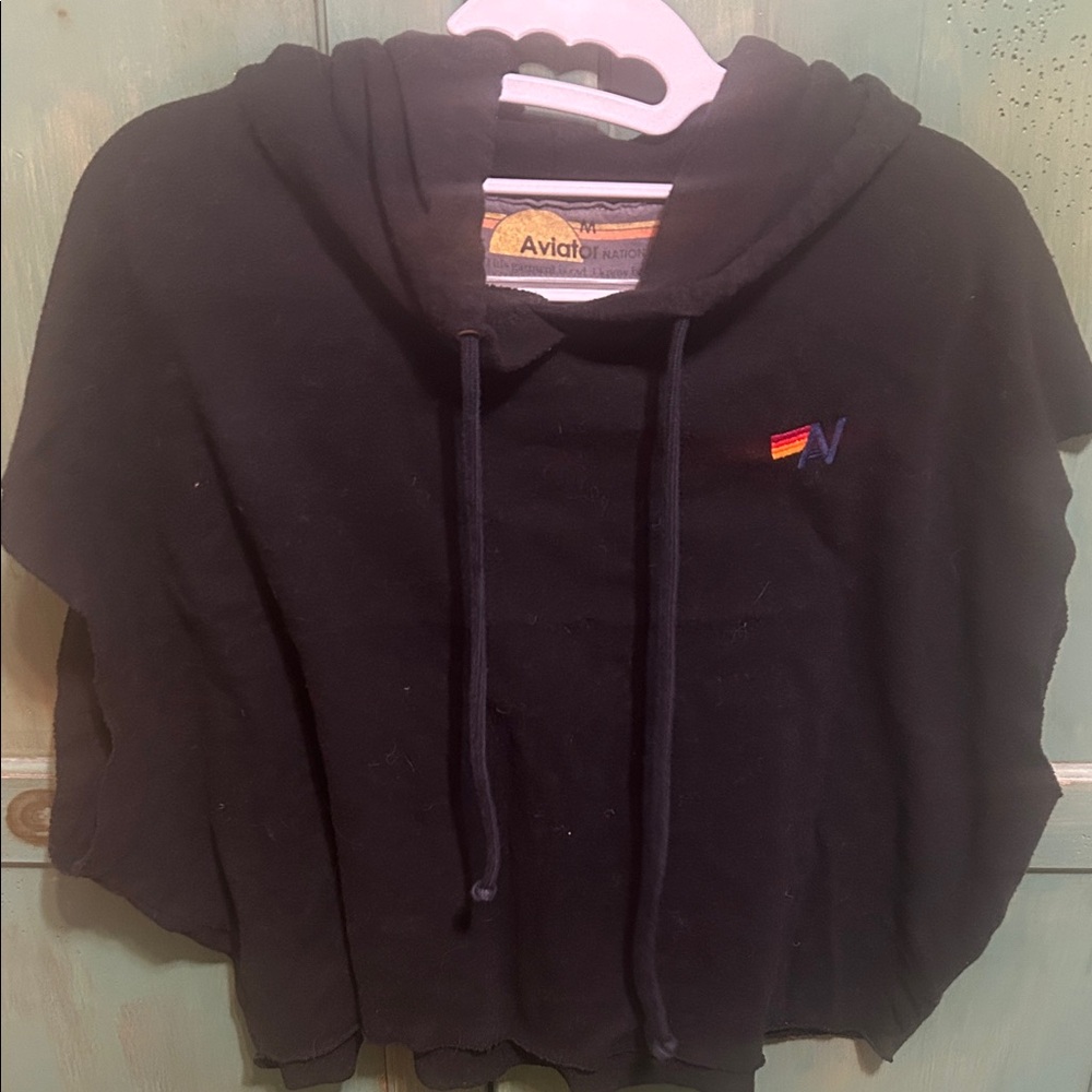 Aviator Nation Black Short Sleeve Hoodie with Rainbow Logo
